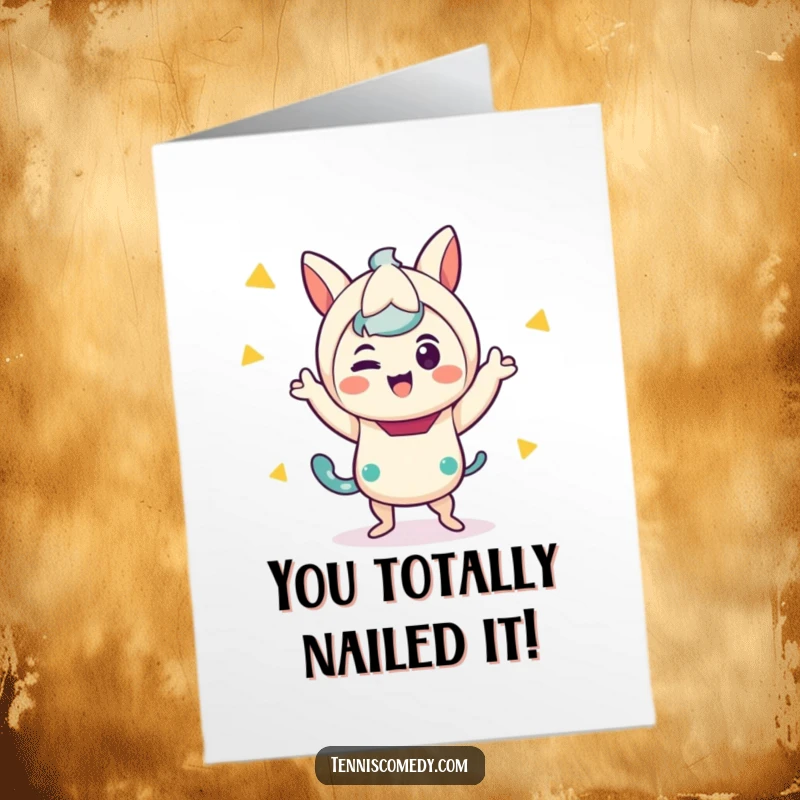 Funny Free Printable Congrats Card: Adorable Kawaii character in a joyous victory dance, celebrating a huge win with a funny jig.