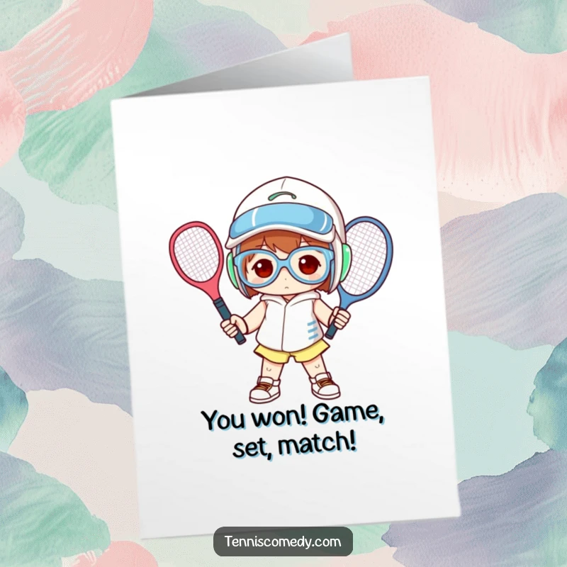Funny Free Printable Congratulations Card: A character in oversized tennis attire poses proudly, celebrating a momentous achievement with a touch of humor.