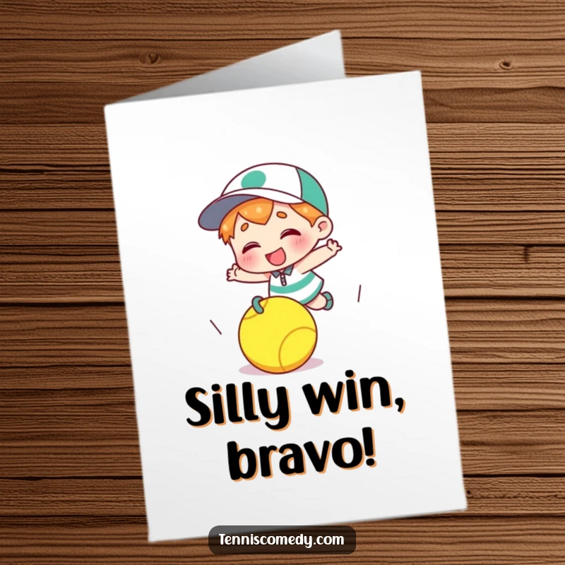 Funny Free Printable Congratulations Card: A character giggling after tripping over a tennis ball, adding humor to congratulations.