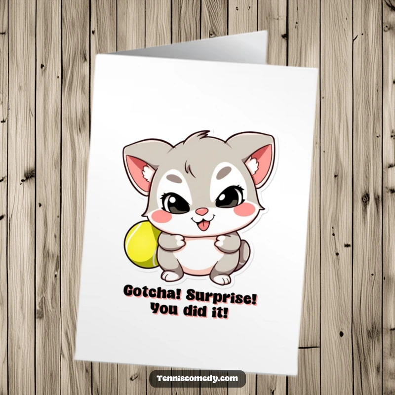 Funny Free Printable Congratulations Card: A character cunningly hides a tennis ball, ideal for surprise wins and playful celebrations.