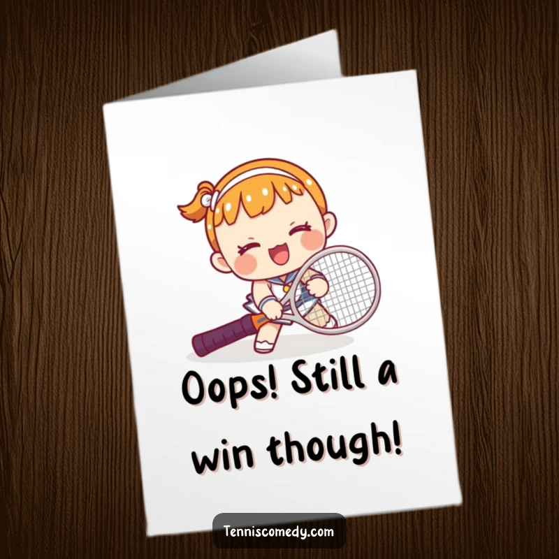 Funny Free Printable Congratulations Card: Kawaii character comically tripping over a tennis racket, a humorous take on challenges.