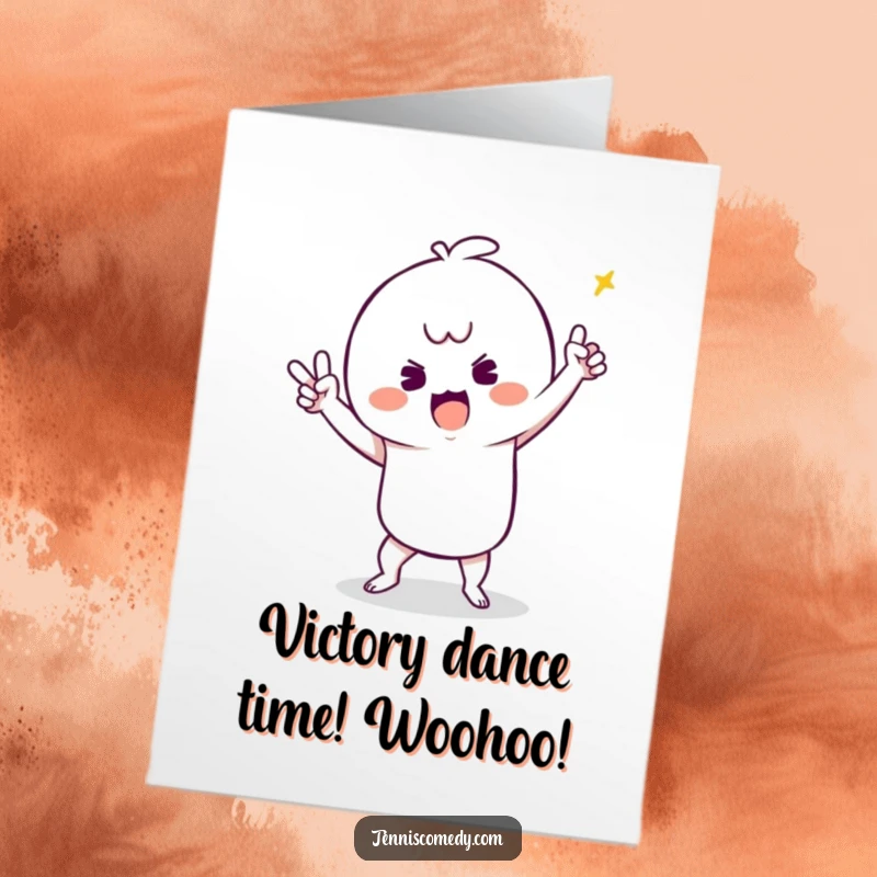 Funny Free Printable Congrats Card: Kawaii tennis character performing a silly victory dance, a humorous DIY greeting for winners.
