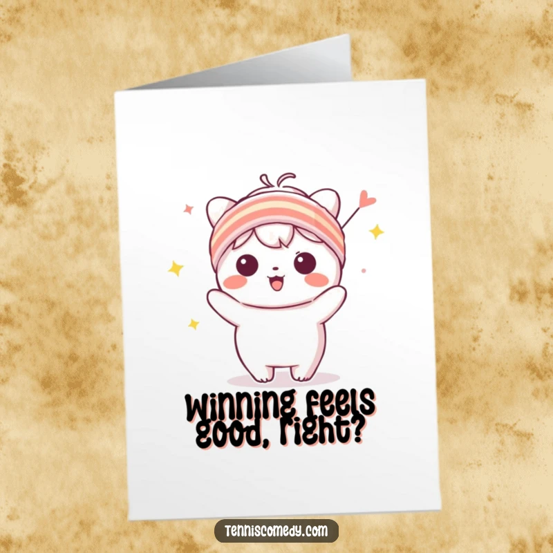 Funny Free Printable Congrats Card: Kawaii character in a sweatband celebrating with pure joy and excitement.