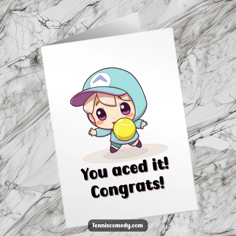 Funny Free Printable Congratulations Card: A determined character wildly trying to catch a super-fast, tiny tennis ball.