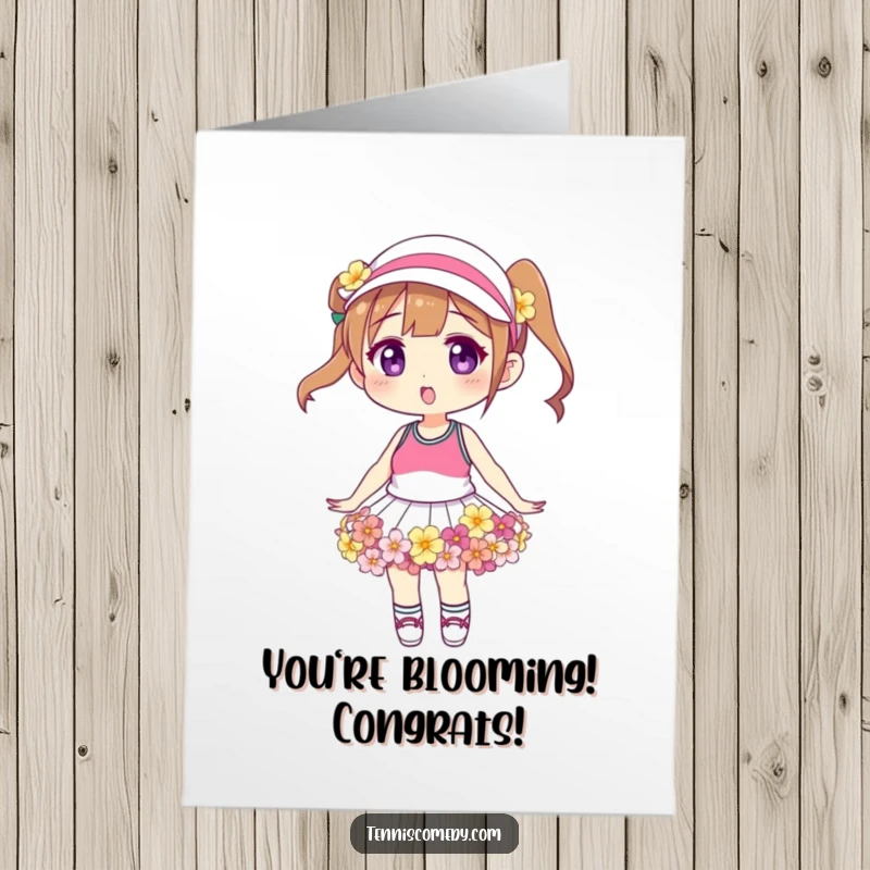Funny Free Printable Congratulations Card: A stylish character confidently wearing a tennis skirt made entirely of colorful, blooming flowers.