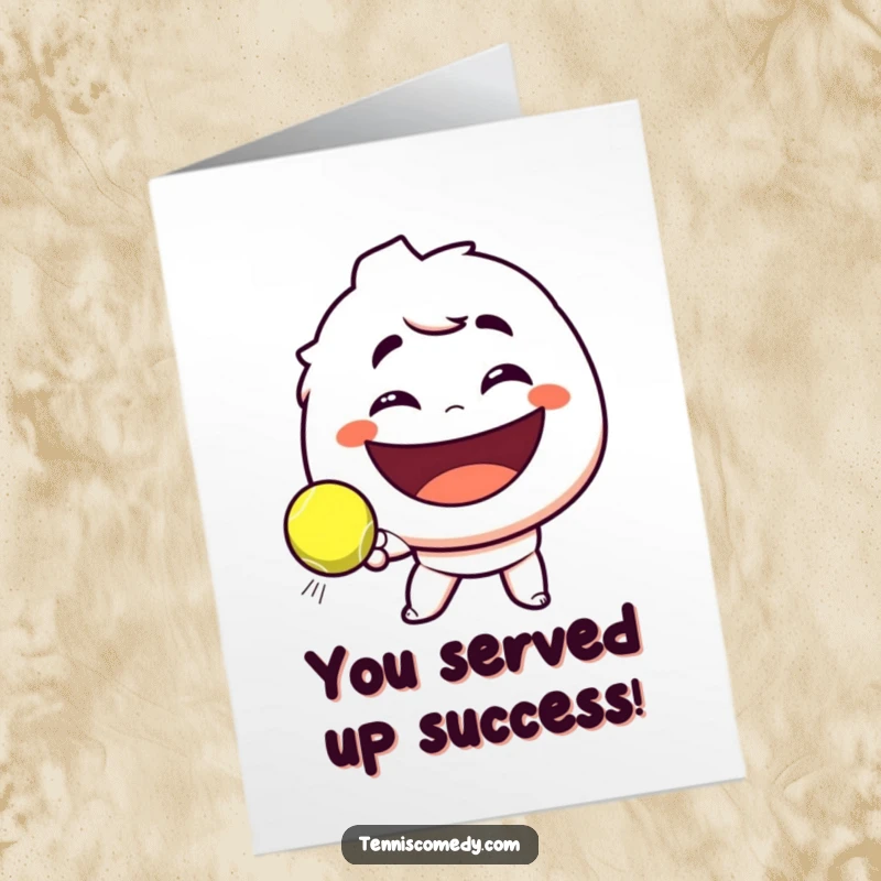 Funny Free Printable Congratulations Card: Smirking tennis character celebrating a victory with a playful smirk.
