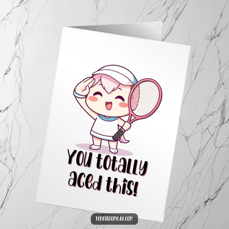 Funny Free Printable Kawaii Tennis Congratulations Card of a beaming character saluting with a racket after a win.