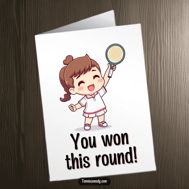Funny Free Printable Congratulations Card: Tennis character raising a tiny racquet in triumph after a winning point.