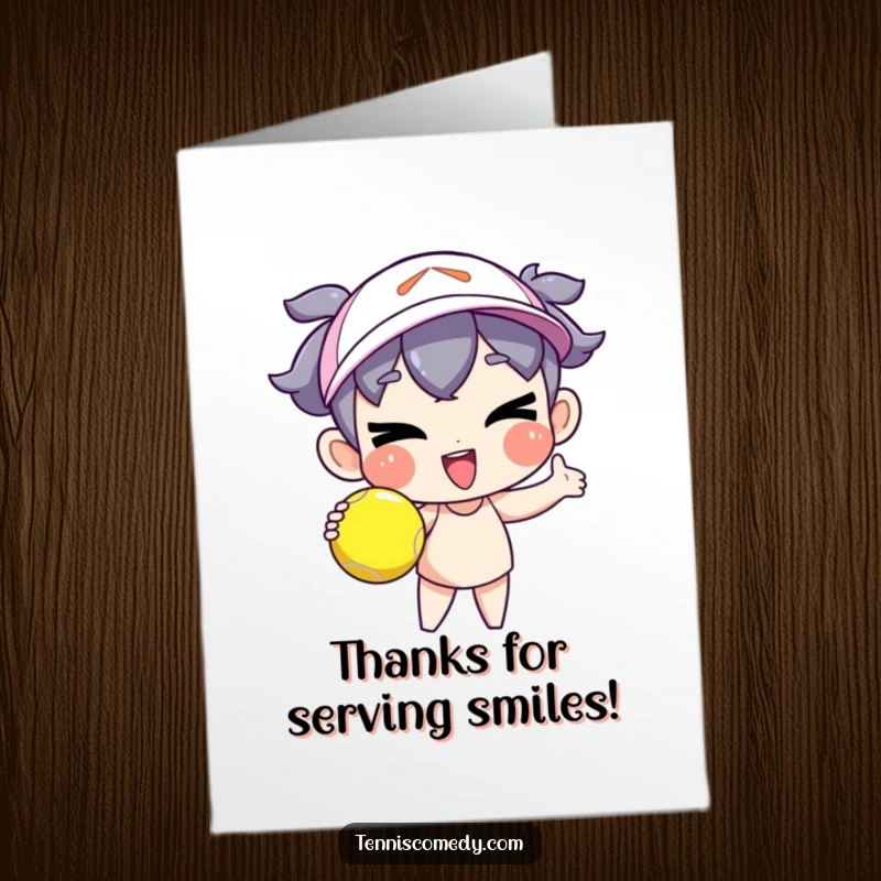 Funny Free Printable Thank You Card: A character serving a tennis ball with a goofy wink, conveying thanks with playful charm.