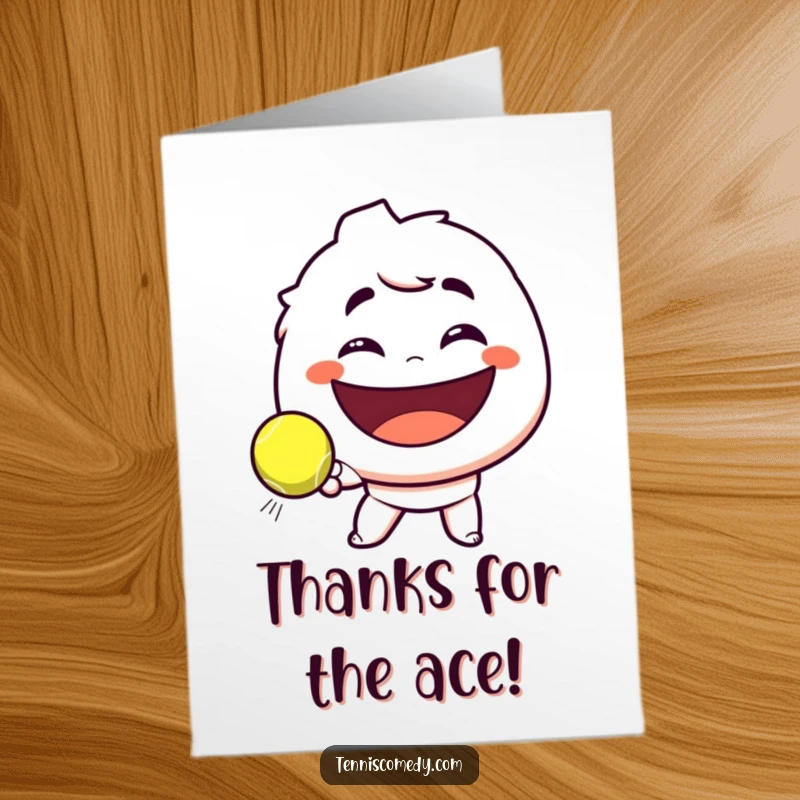 Funny Free Printable Thank You Card: Smirking tennis character sending a playful thank you with a tennis ball.