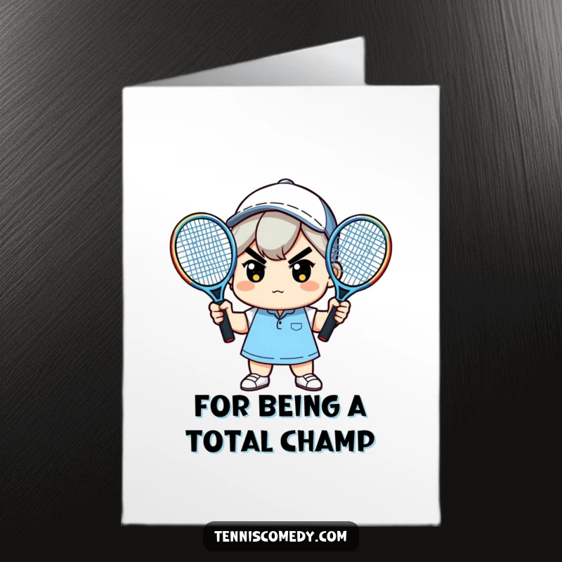 Funny Free Printable Thank You Card showcasing a determined kawaii character with two rackets, expressing gratitude.