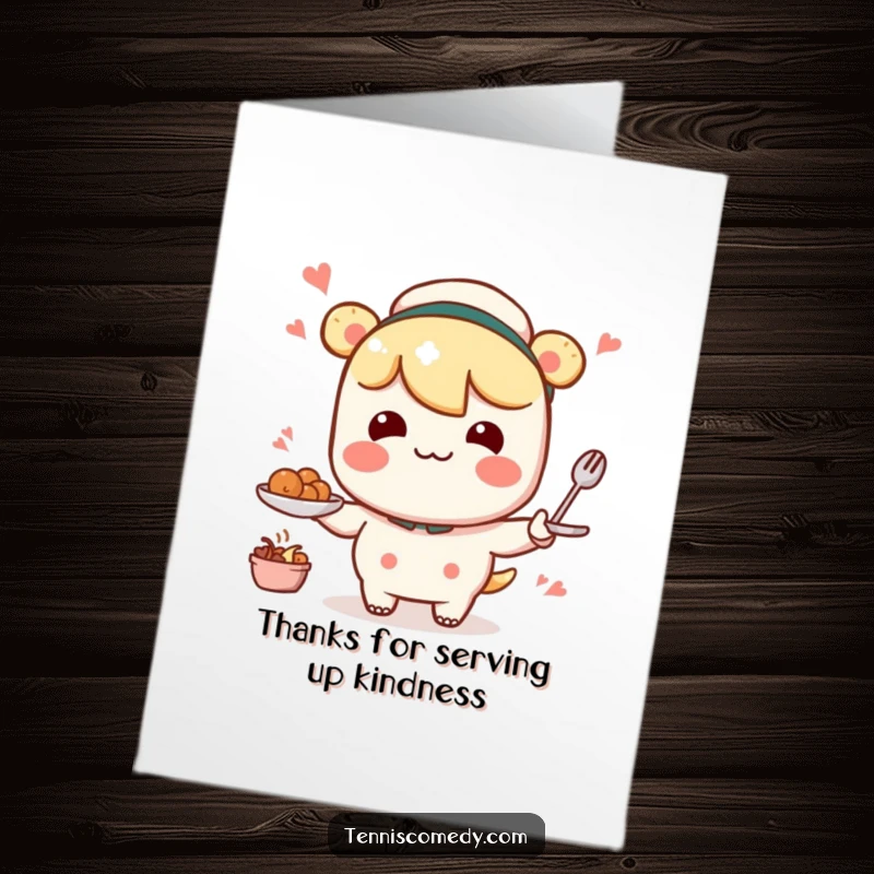 Funny Free Printable Thank You Card: Kawaii character mid-serve with a comical wobble, expressing effort.