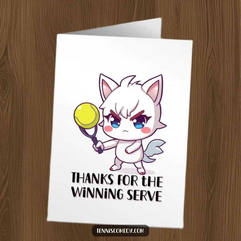 Funny Free Printable Thank You Card featuring a skilled tennis player in the motion of serving with intense focus and a sly grin.