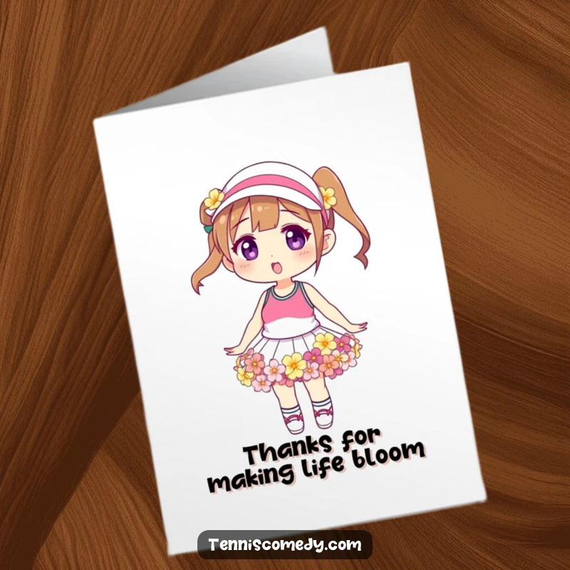 Funny Free Printable Thank You Card: A character looks fabulous in a tennis skirt creatively constructed from an assortment of colorful flowers.