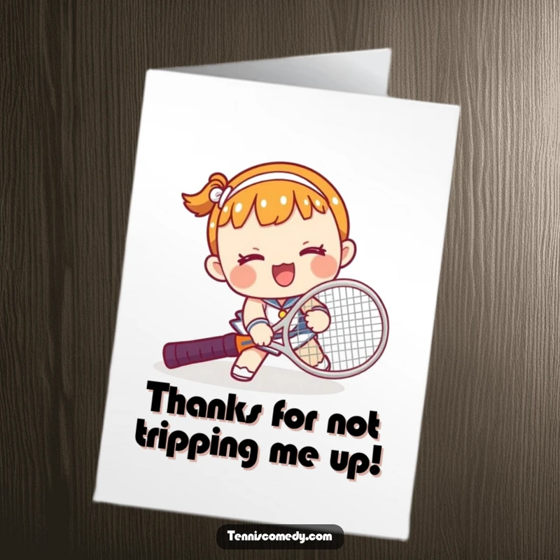 Funny Free Printable Thank You Card: Kawaii character comically tripping over a tennis racket, a humorous thank you.