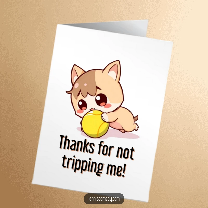 Funny Free Printable Thank You Card: Kawaii tennis character tripping, looking surprised, perfect for a humorous DIY thank you greeting.