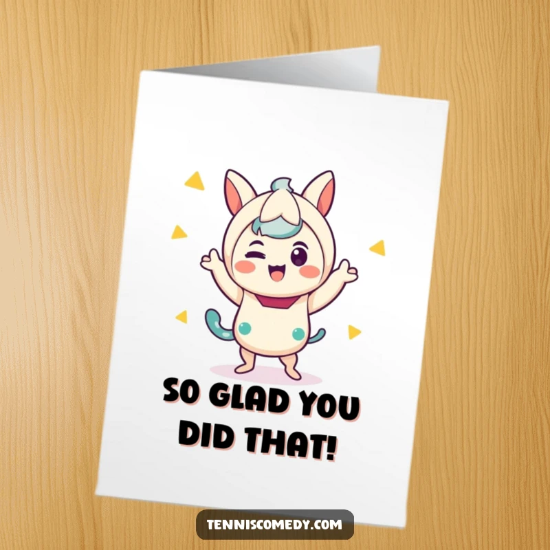 Funny Free Printable Thank You Card: Whimsical Kawaii character performing an enthusiastic victory dance, expressing thanks in a silly way.