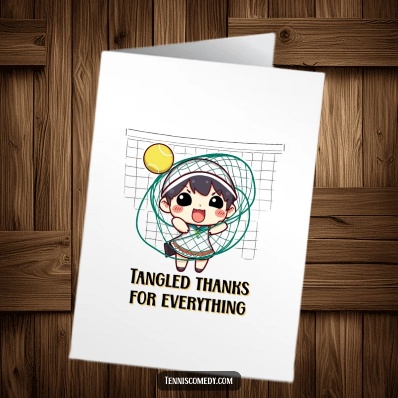 Funny Free Printable Thank You Card: A comical character dramatically entangled in a tennis net, looking utterly defeated and confused.