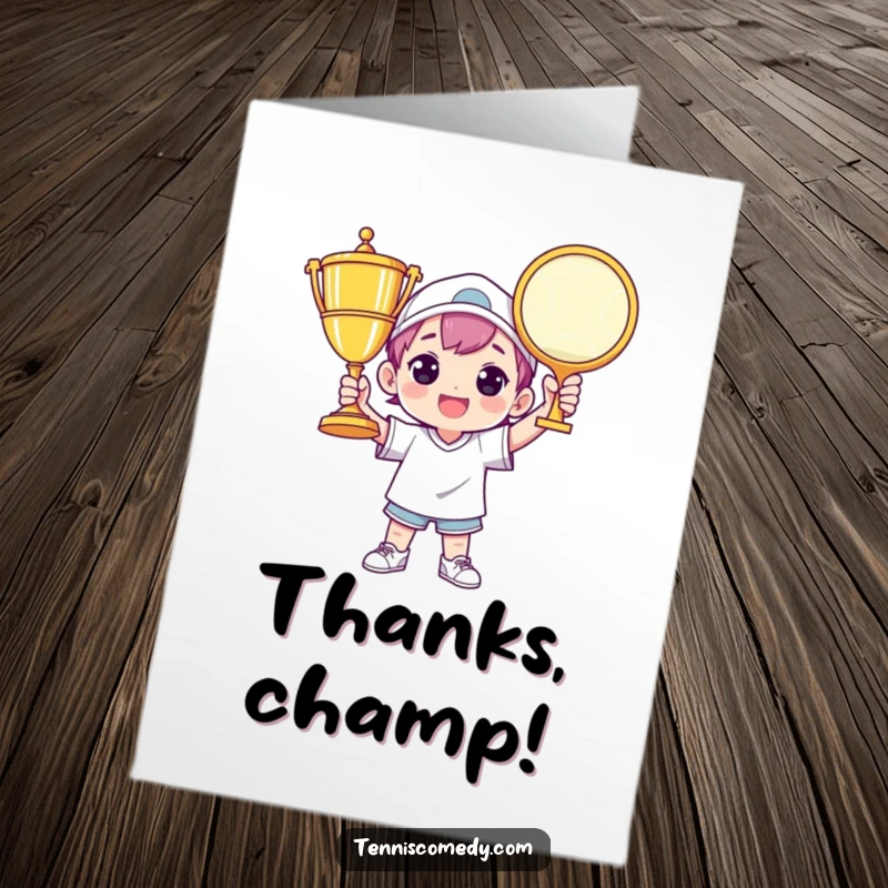 Funny Free Printable Thank You Card: A character joyously poses with an enormous tennis trophy, expressing gratitude with ultimate flair.