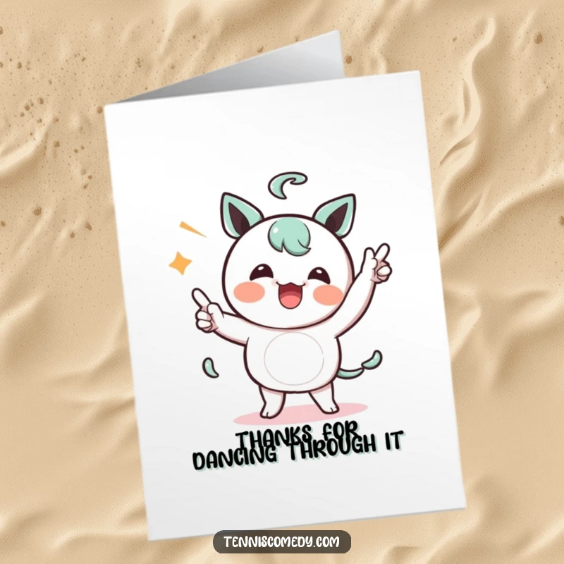 Funny Free Printable Thank You Card: Kawaii character doing a silly, celebratory dance to express thanks.