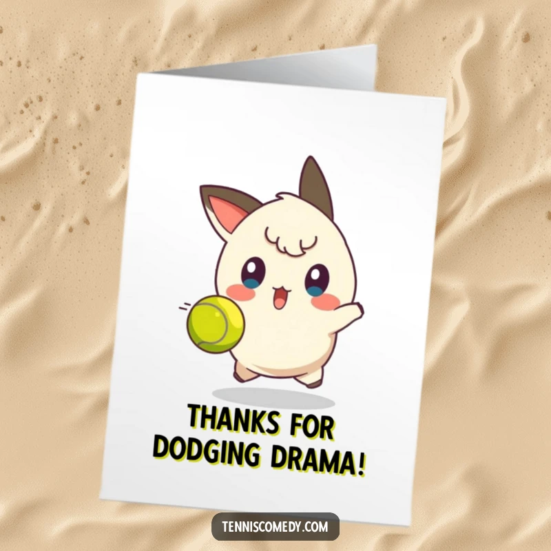 Funny Free Printable Thank You Card: Character surprised, dodging a fast tennis ball, a funny way to say thanks.