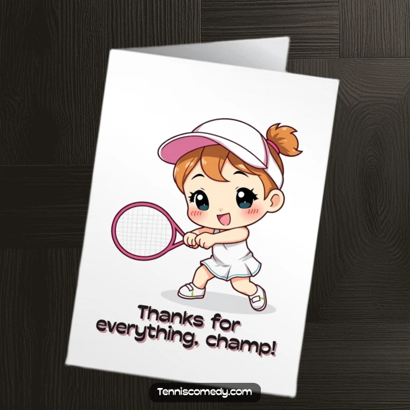 Funny Free Printable Thank You Card: A character smashing a tennis racket, humorously conveying appreciation for a great effort.