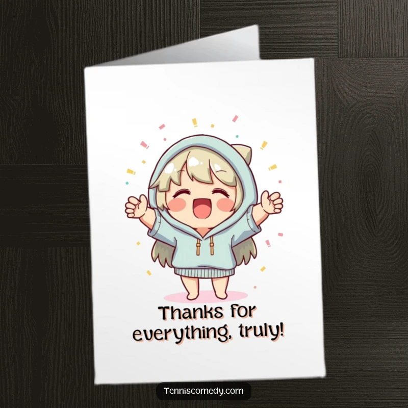 Funny Free Printable Thank You Card: Cheerful character cheering with confetti, sending thanks with enthusiasm.