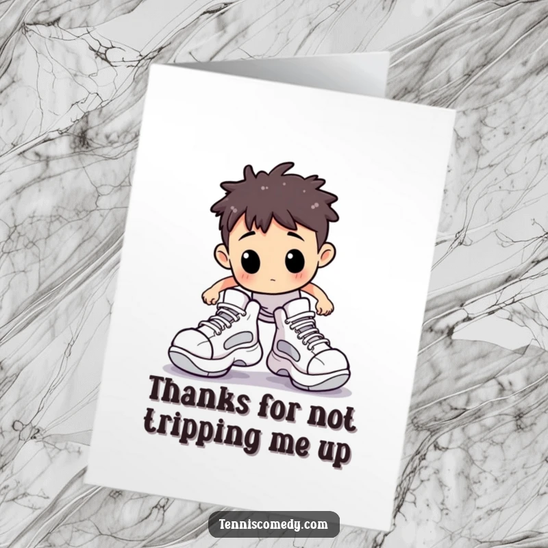 Funny Free Printable Thank You Card: Character wearing oversized tennis shoes, comically stumbling on a tennis court, thanking.