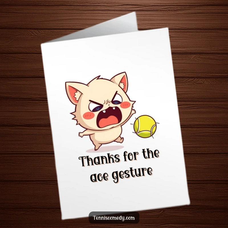 Funny Free Printable Thank You Card: Character recoiling dramatically from a fast-moving tennis ball, expressing thanks.