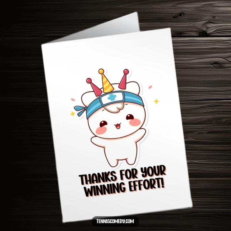 Funny Free Printable Thank You Card: Kawaii tennis character in a sweatband, celebrating a thank you, perfect for a humorous DIY greeting.