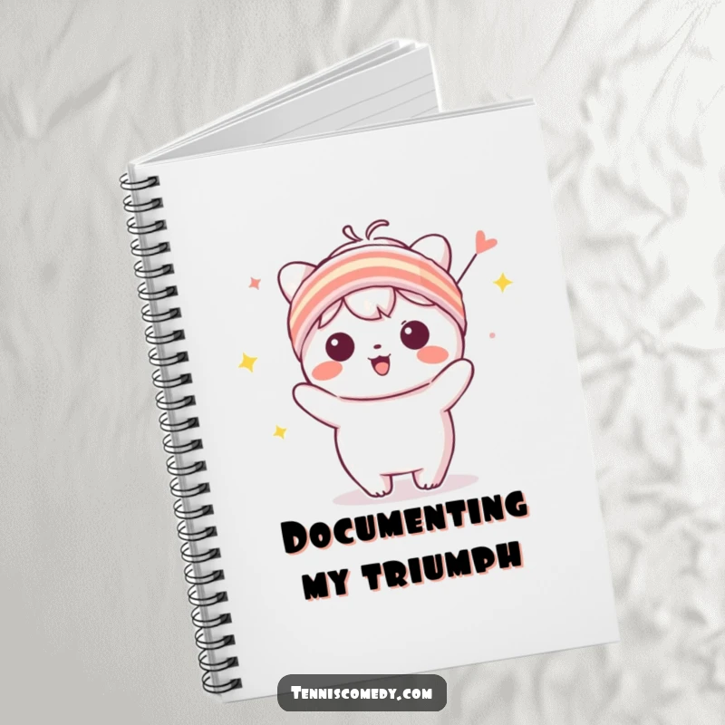 Funny Kawaii character notebook with a tiny sweatband, in a celebratory pose, perfect for jotting down goals and successes.