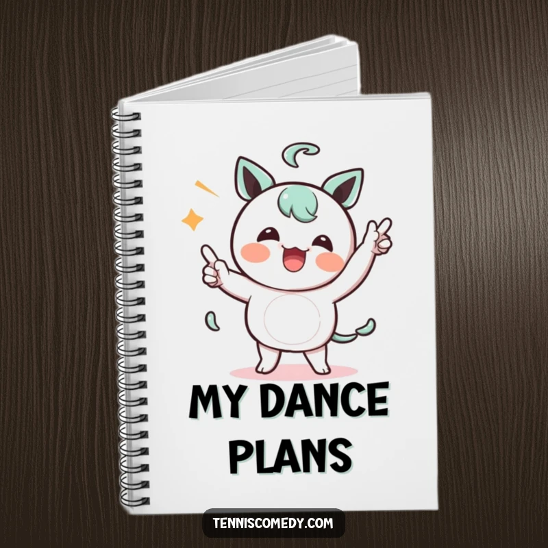 Funny Kawaii character notebook with a character comically celebrating a point with a silly dance, ideal for notes and doodles.