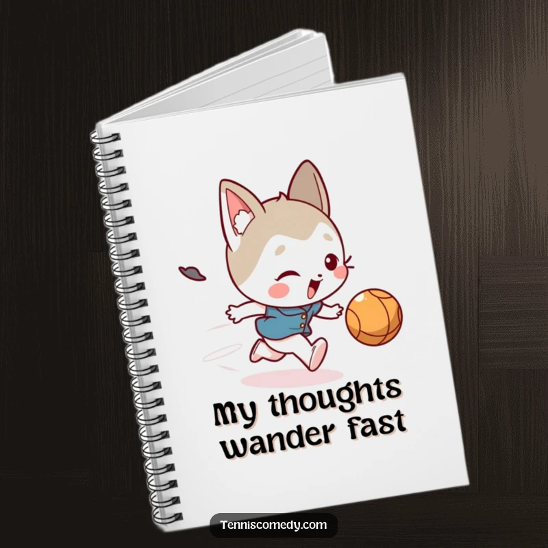Funny notebook showcasing a cute character comically tripping while chasing a fast ball, perfect for journaling and sketching.