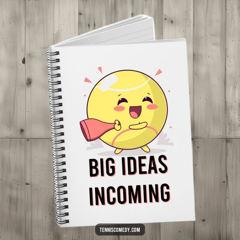 Funny notebook featuring a kawaii tennis character gleefully hitting a giant ball, ideal for jotting down happy thoughts.