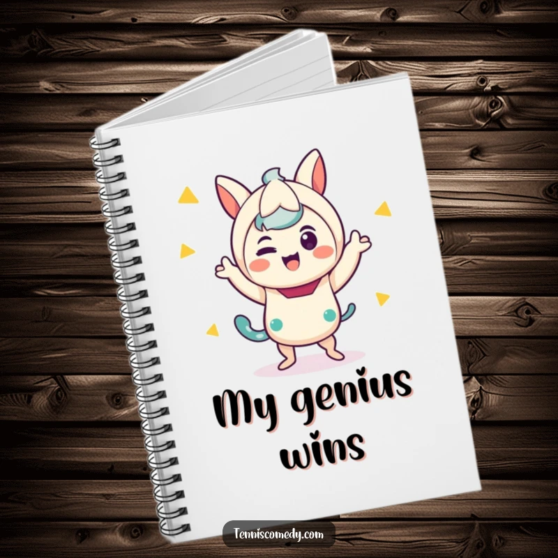 Funny notebook cover with a kawaii character doing a gleeful, energetic victory dance, ready to record brilliant ideas.