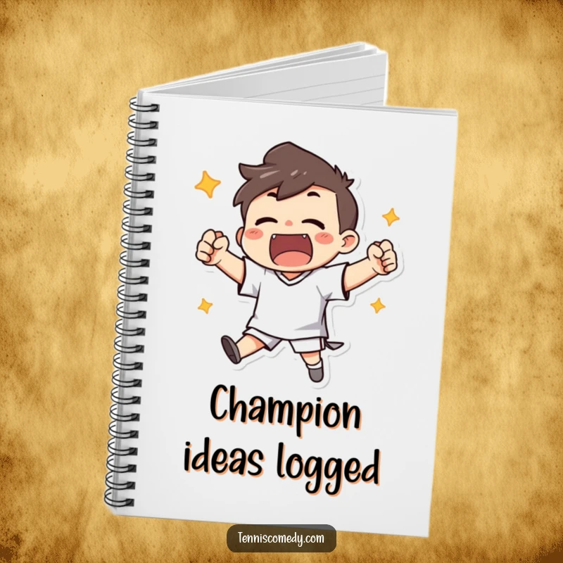 Funny notebook featuring a character enthusiastically cheering with clenched fists after scoring, ideal for notes.