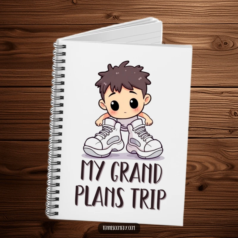 Funny notebook cover featuring a Staffordshire character comically stumbling on a tennis court in oversized shoes, inspiring humorous writing.