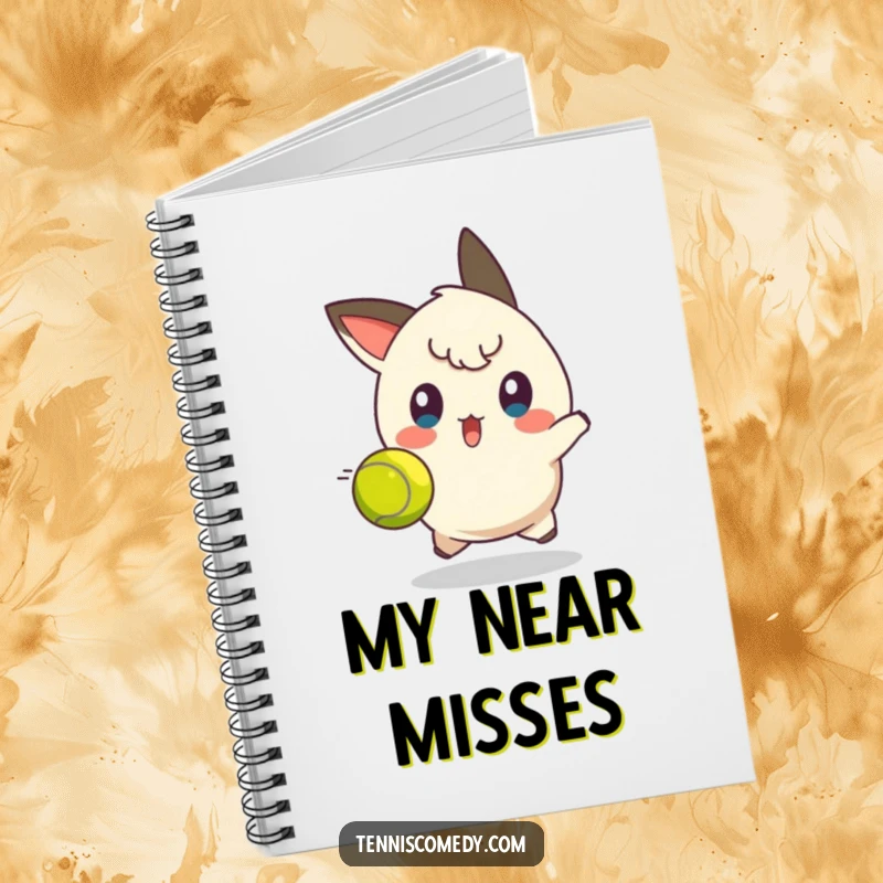 Funny tennis dodge notebook cover with a character making a surprised face, reacting to a tennis ball, perfect for writing.