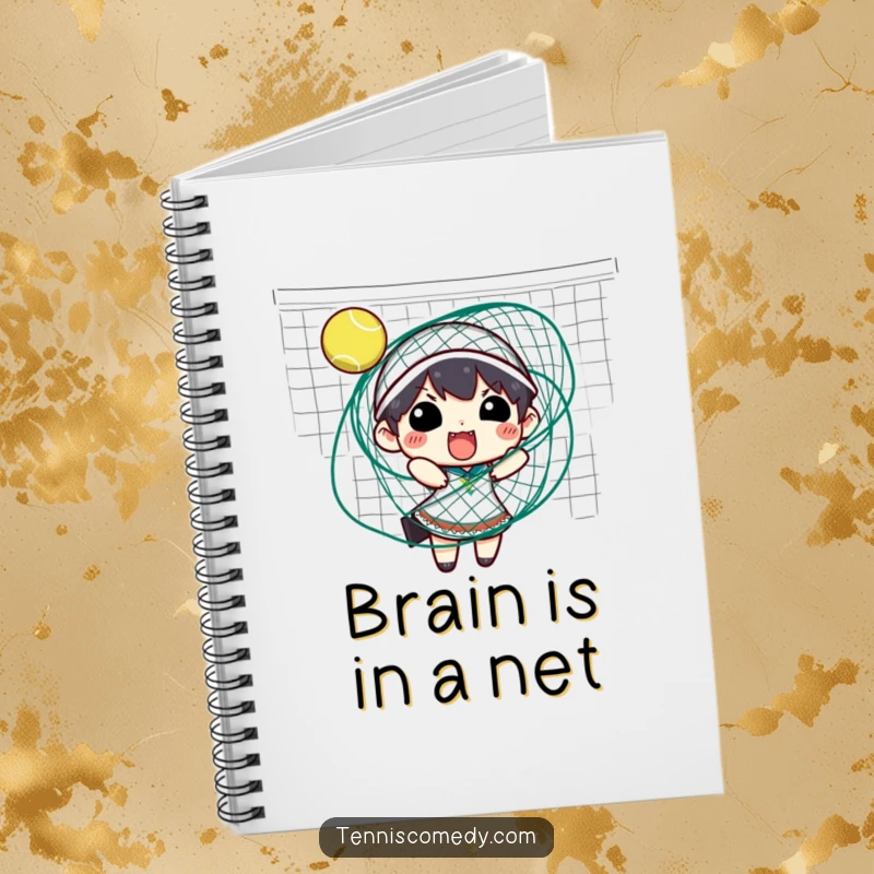 Funny tennis notebook showing a character comically stuck in a tennis net, ideal for jotting down game notes or thoughts.
