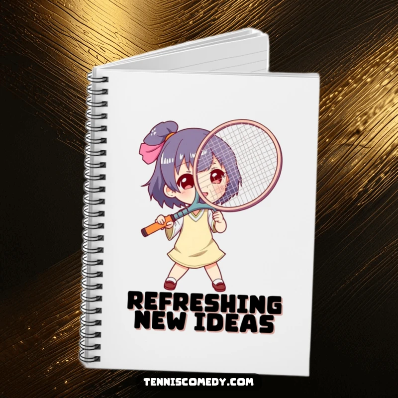 Funny tennis racket fan notebook, lined pages, featuring a character using a tennis racket as a fan, ideal for note-taking.