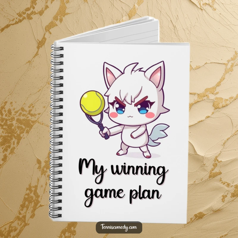 Funny tennis notebook with a determined character serving a tennis ball with flair, inspiring notes and athletic plans.
