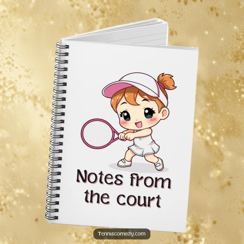 Funny cute character notebook smashing a tennis racket, playful journal for notes, excellent funny gift for students.