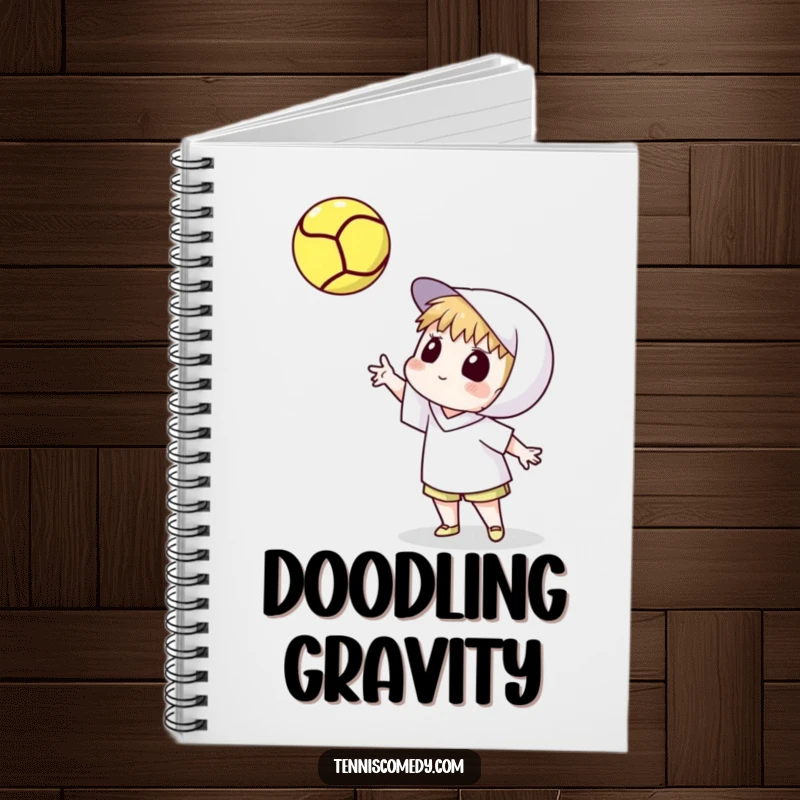 Funny notebook with a cartoon tennis player tossing a tennis ball high and watching its spin. A humorous writing journal.
