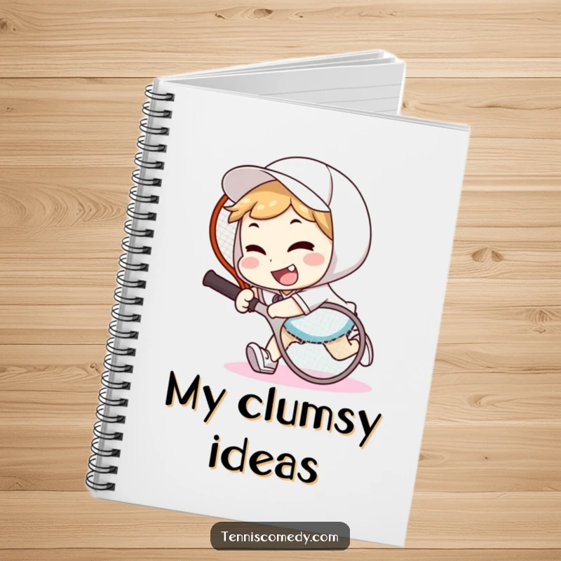 Funny tennis tripper notebook cover with a character tripping over a tennis racket, wearing a goofy smile, perfect for writing.