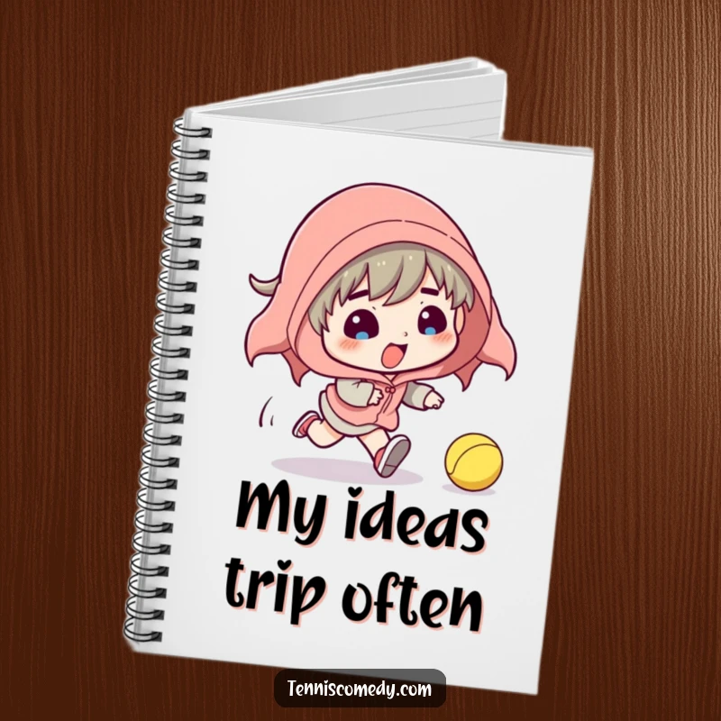 Funny notebook with a cartoon tennis player hilariously tripping while chasing a tennis ball. A humorous writing journal.