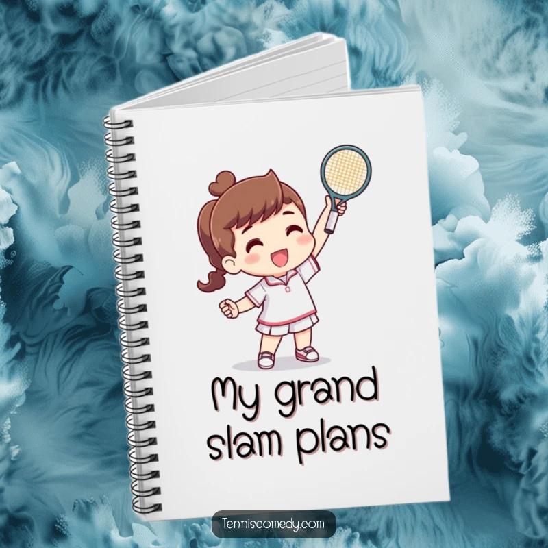 Funny notebook with a character triumphantly holding a tiny tennis racquet after a successful point, a humorous tool for note-taking.