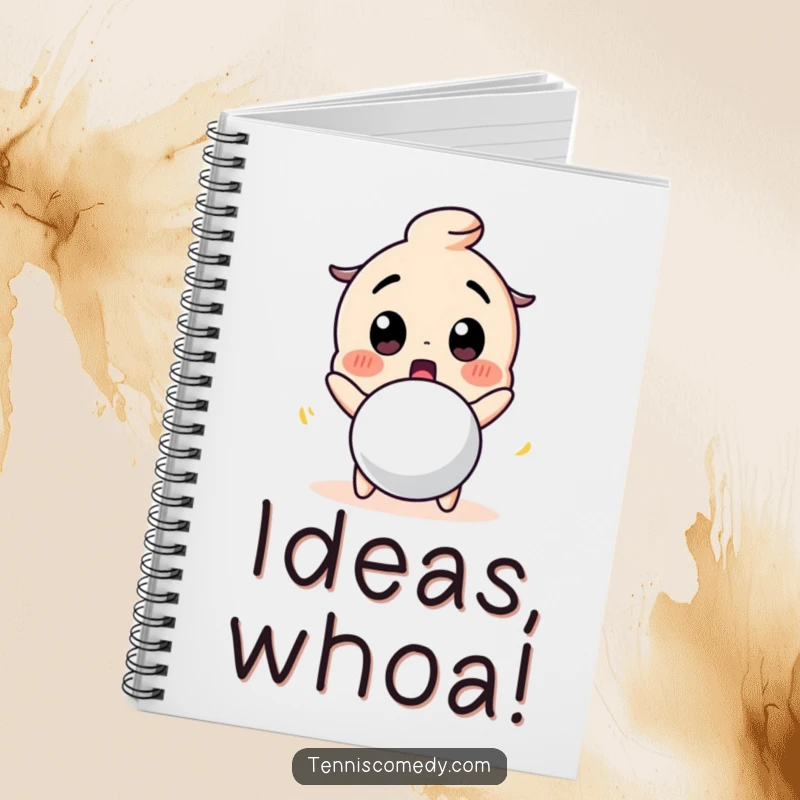 Funny notebook with a cute character looking surprised at a bouncing tennis ball. Ideal for humorous note-taking.