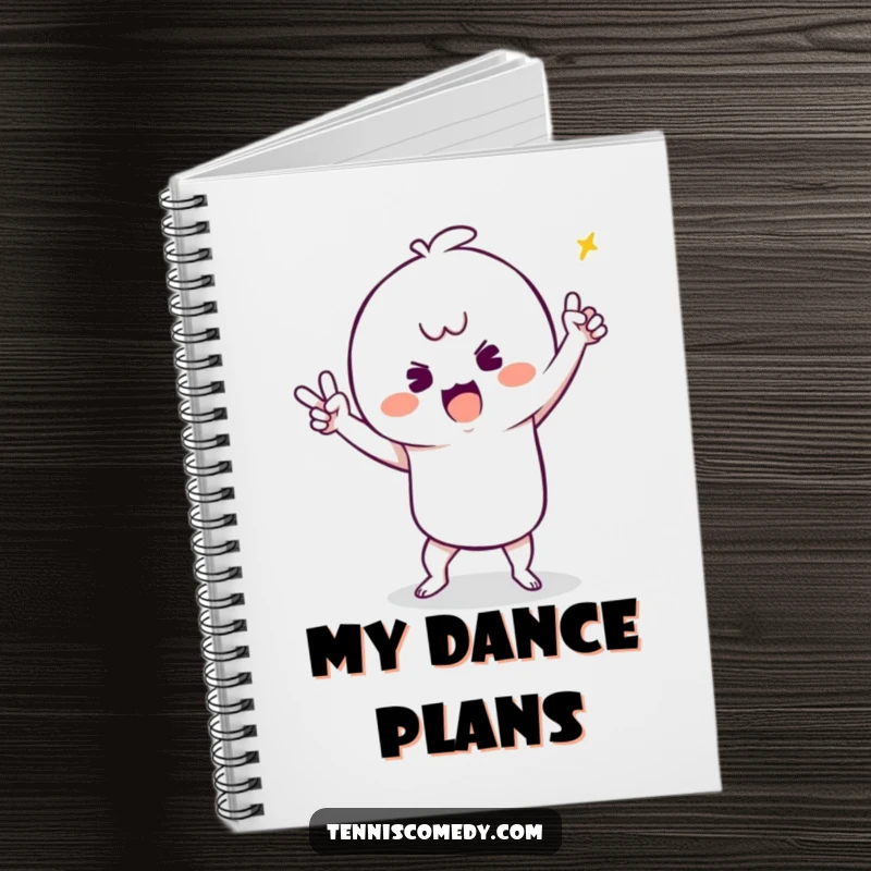 Funny notebook with a kawaii tennis player doing a silly victory dance, ready for jotting down happy thoughts.