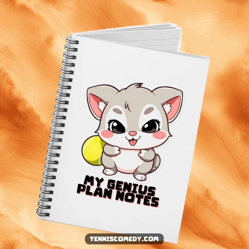 Funny notebook featuring a mischievous character hiding a tennis ball behind its back, ideal for notes and doodles.