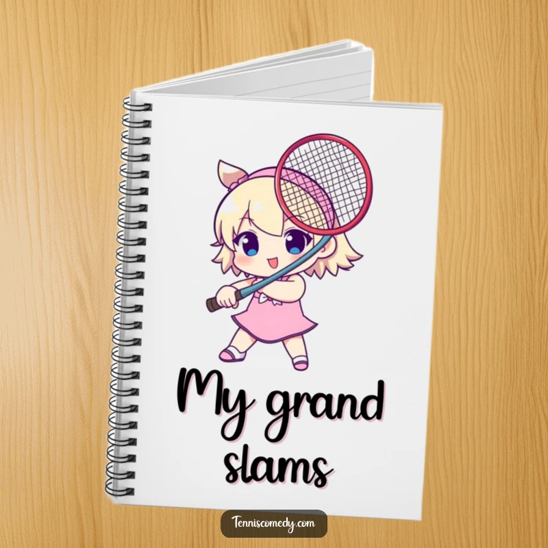 Funny notebook with a cute character holding a tennis racket like a sword. Ideal for jotting down notes humorously.